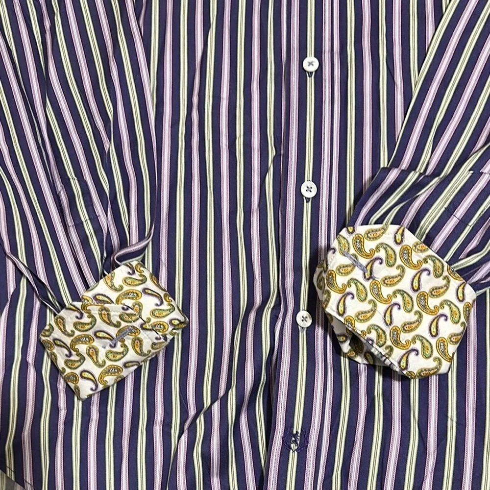 Bugatchi Uomo Shirt Mens L Purple Green White Striped Button Down Flip Cuff